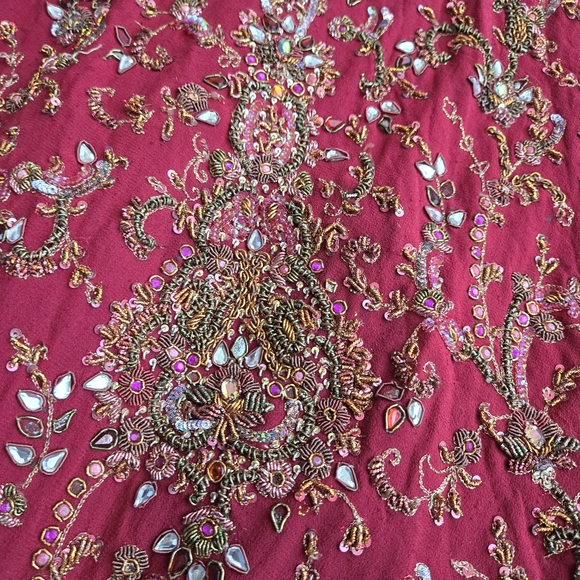 Red and gold maxi hand embroidered  skirt with tons of stone work details - Picture 5 of 6